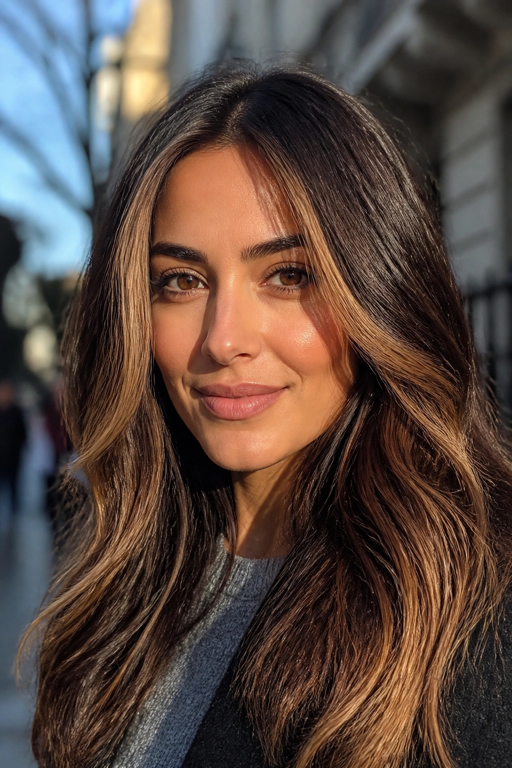 Real woman with espresso to honey ombre and face-framing pieces