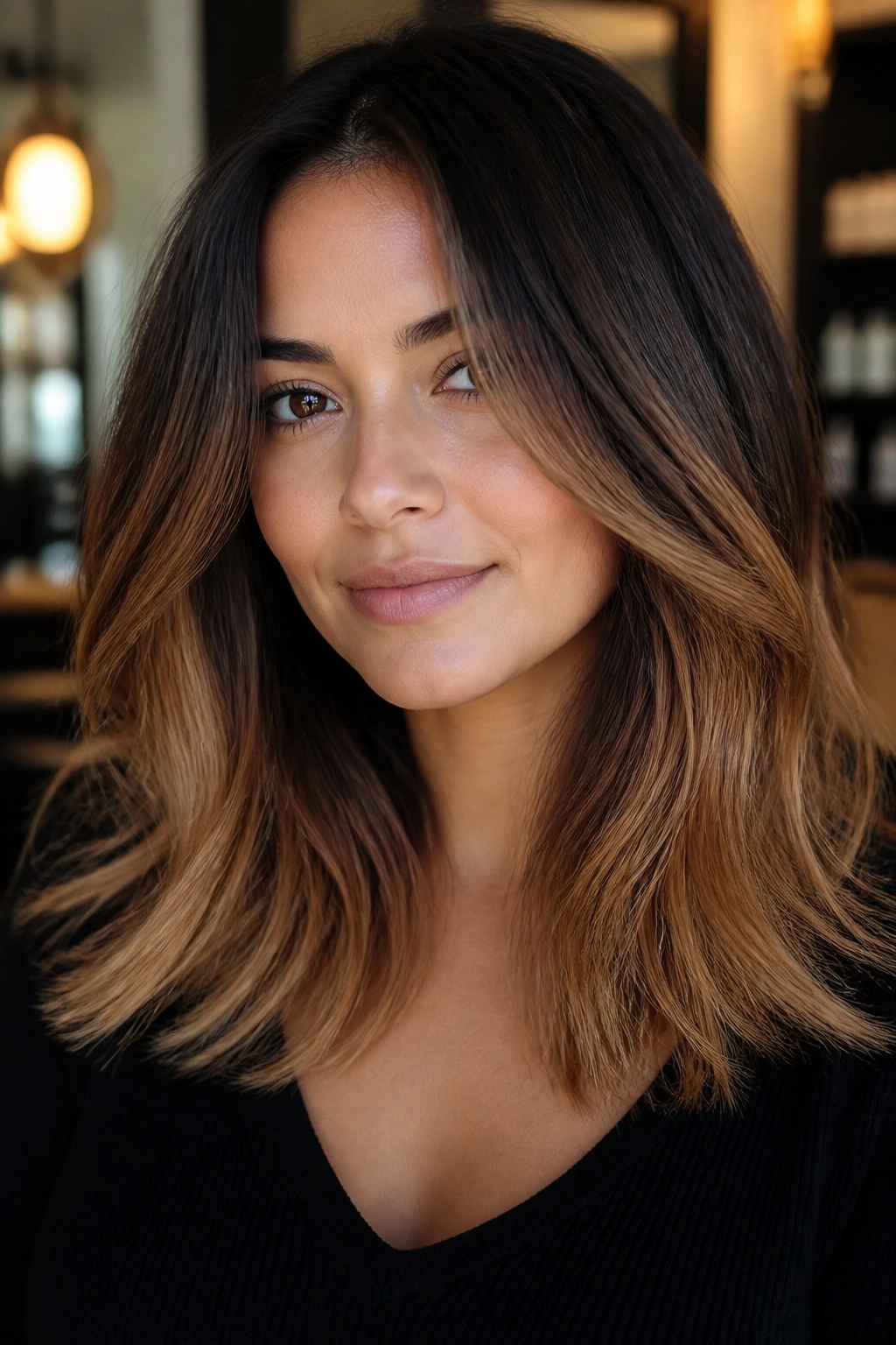 Portrait of a woman with espresso to honey ombre on layered mid-length hair