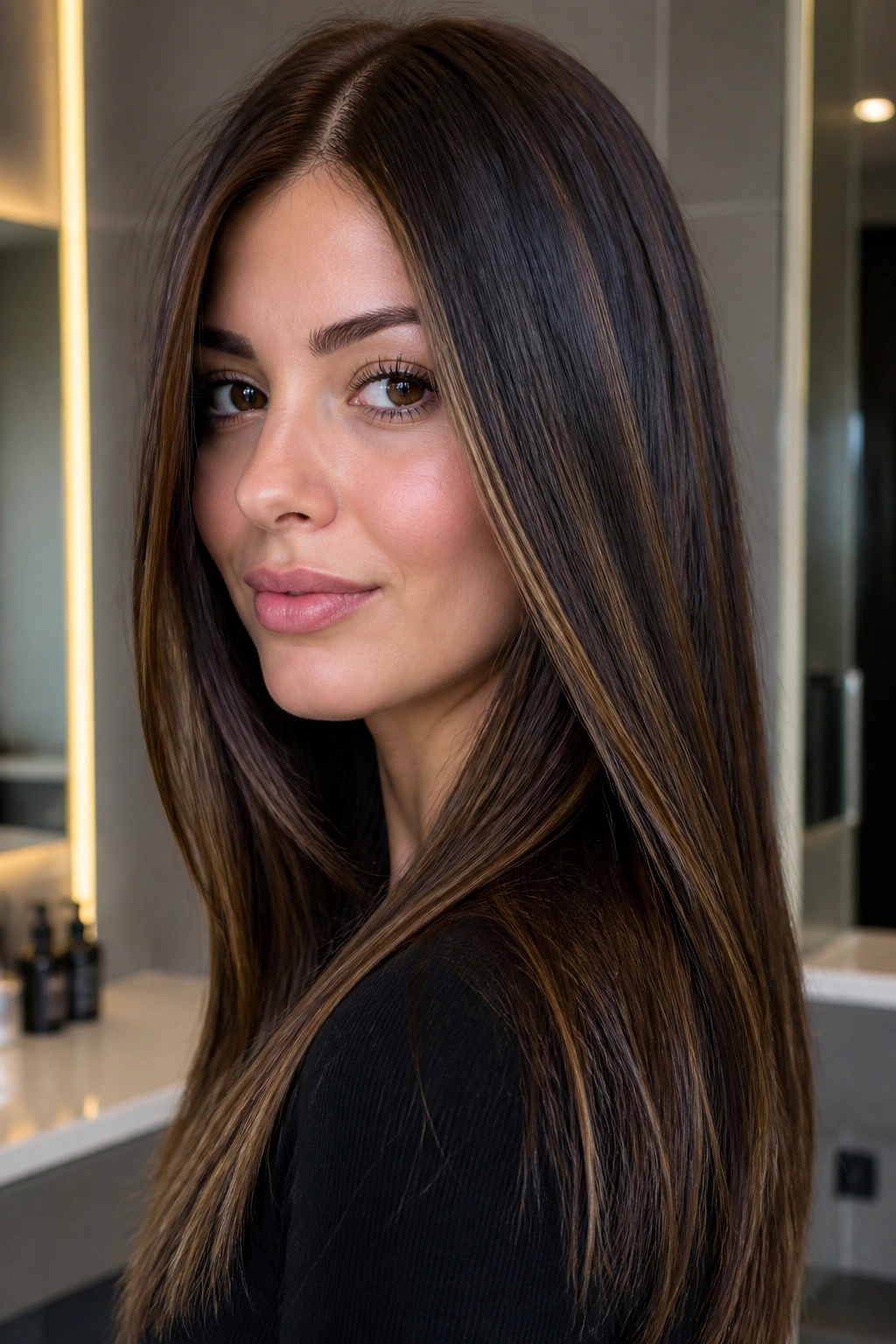 Close-up of a real woman with espresso base and fine honey veils
