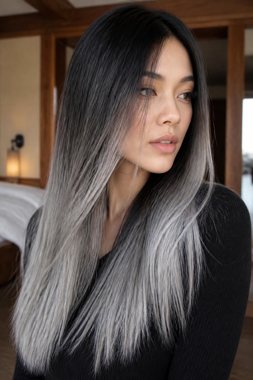 Close-up portrait of long brunette hair transitioning from espresso roots to icy silver ends