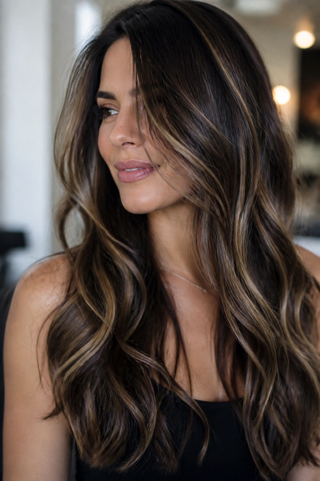 Close-up of espresso-brown hair with latte highlights on a real woman.
