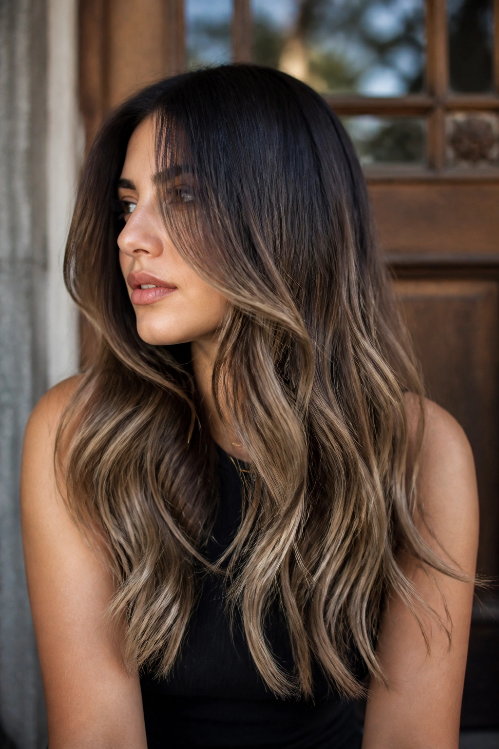 Close-up of a long-haired woman with espresso to latte ombré and cool caramel ends in natural outdoor light