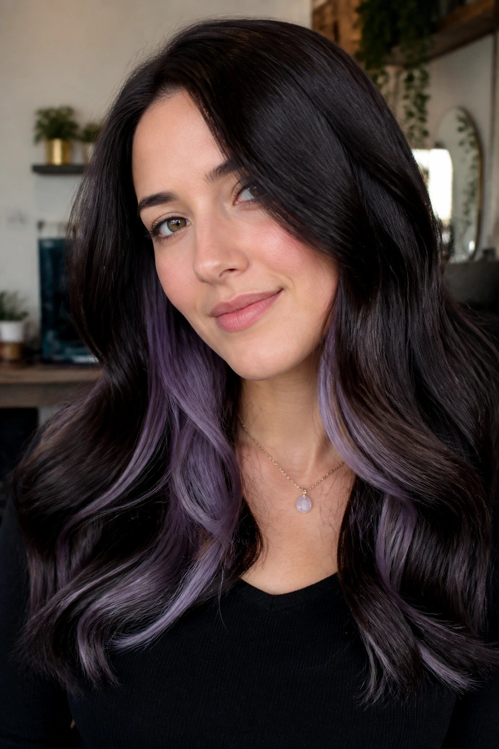 Close-up of a woman with espresso hair and lavender underlayers peekaboo.