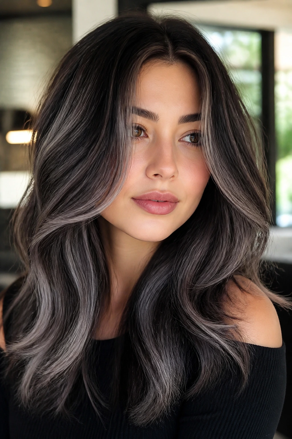 Espresso layers with smoke-silver balayage on a real person