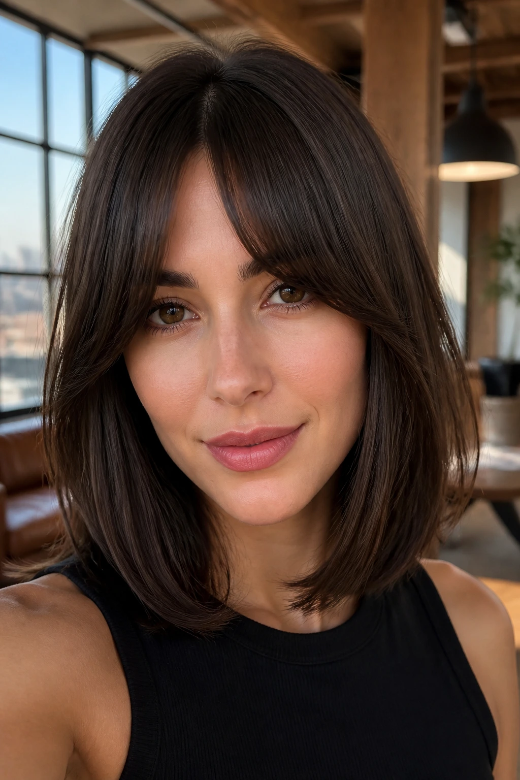 Portrait of a real woman with espresso lob and bottleneck bangs in daylight.