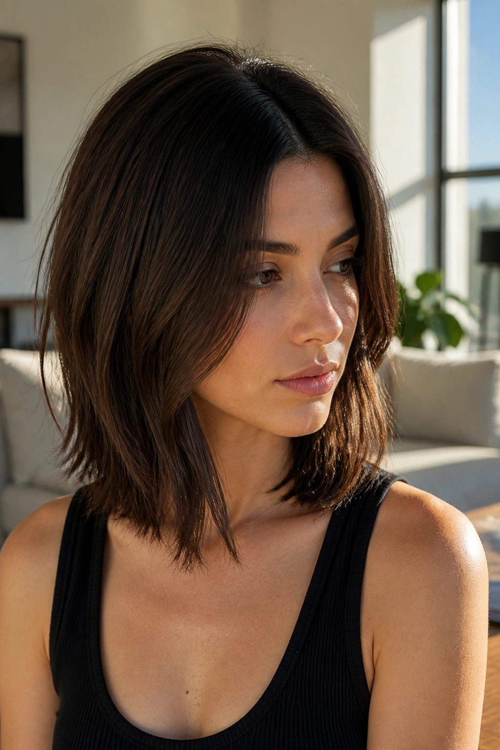 Close-up portrait of a person with espresso lob and shadow roots