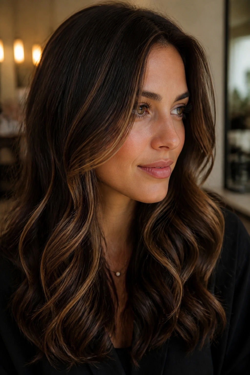Close-up portrait of a real woman with espresso lowlights adding depth.