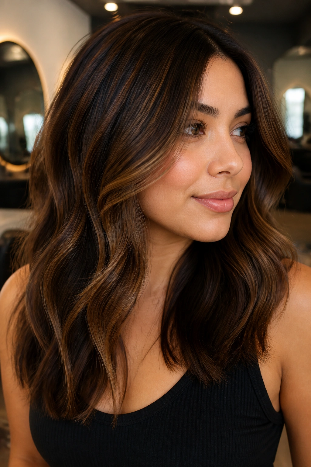 Portrait of hair with espresso lowlights mixed with brown highlights around the face.