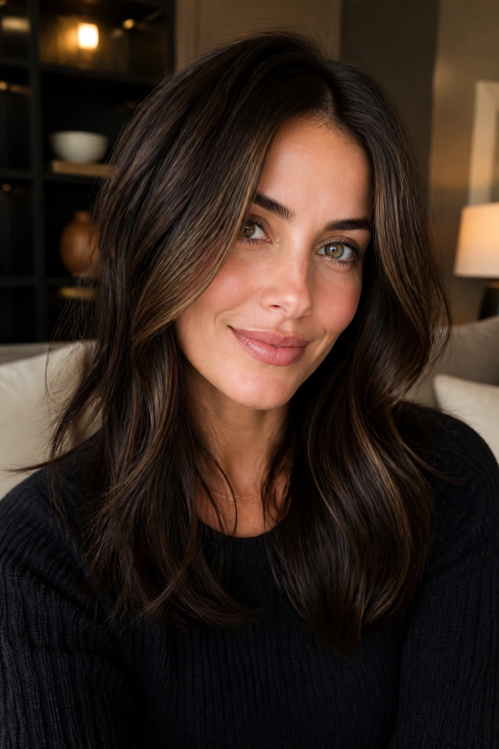 Close-up of real person with espresso lowlights and brown lift in hair