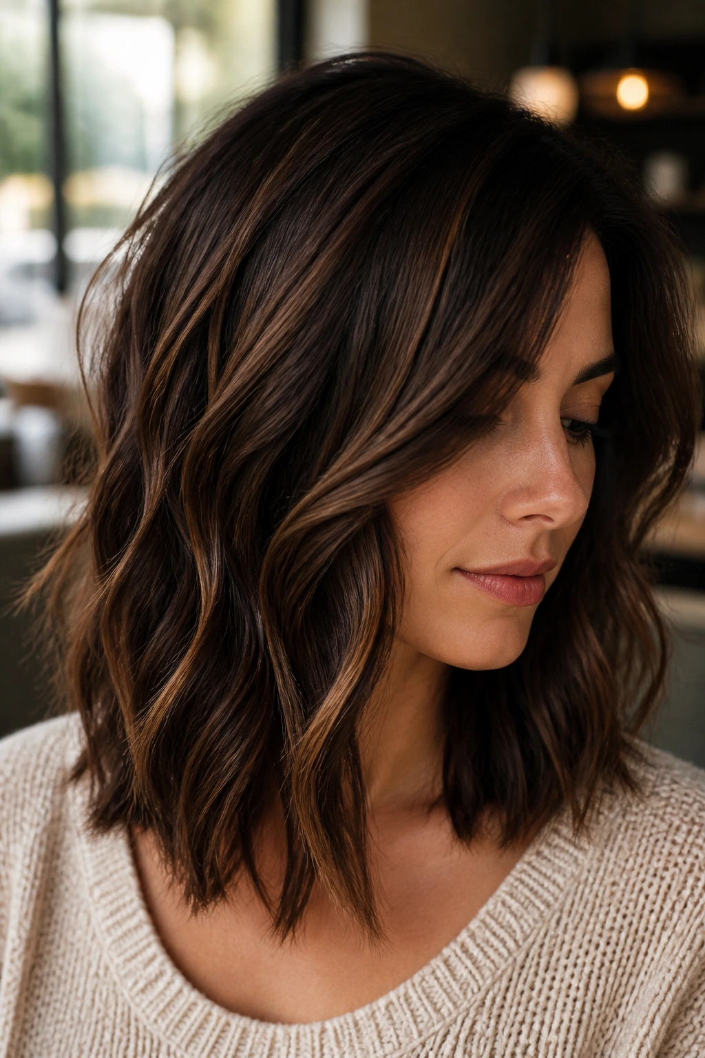Close-up of brown hair with deep espresso lowlights adding depth