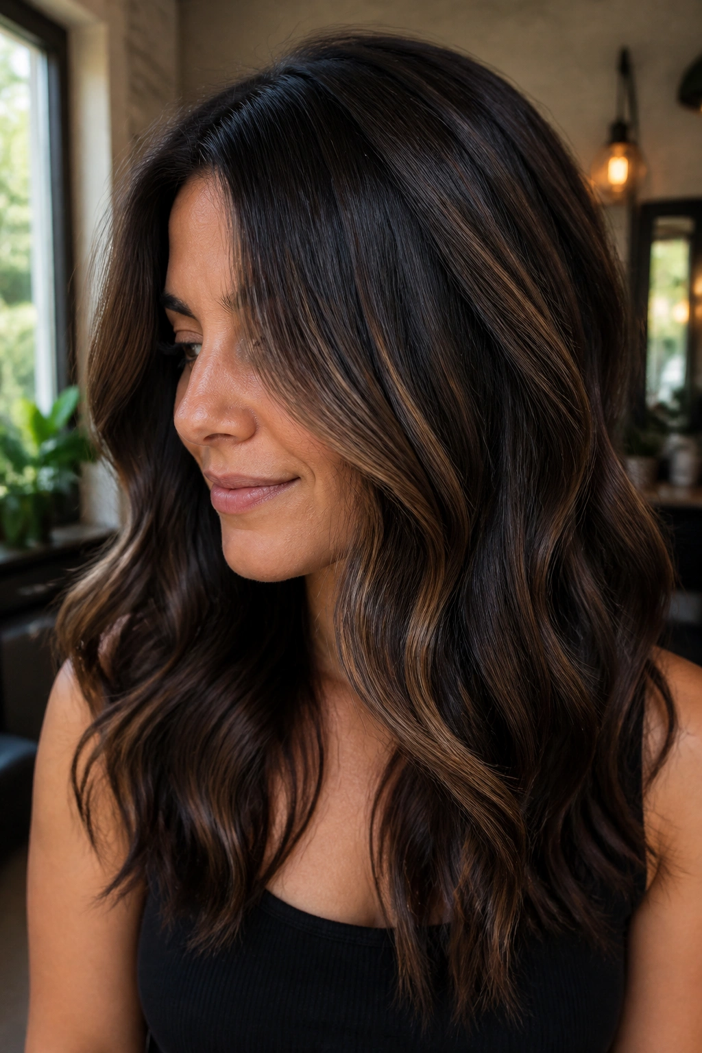Close-up portrait of a real woman with espresso lowlights in brunette hair on the crown