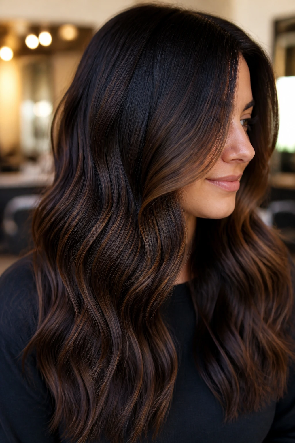 Close-up of brunette with espresso brown lowlights woven through dark hair in a warm salon setting