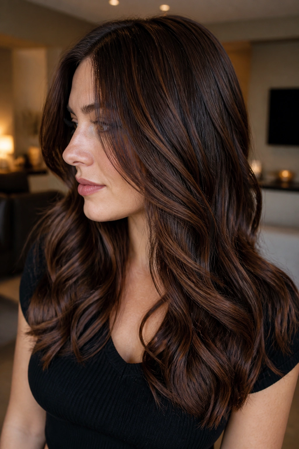 Close-up of chestnut hair with espresso lowlights showing depth