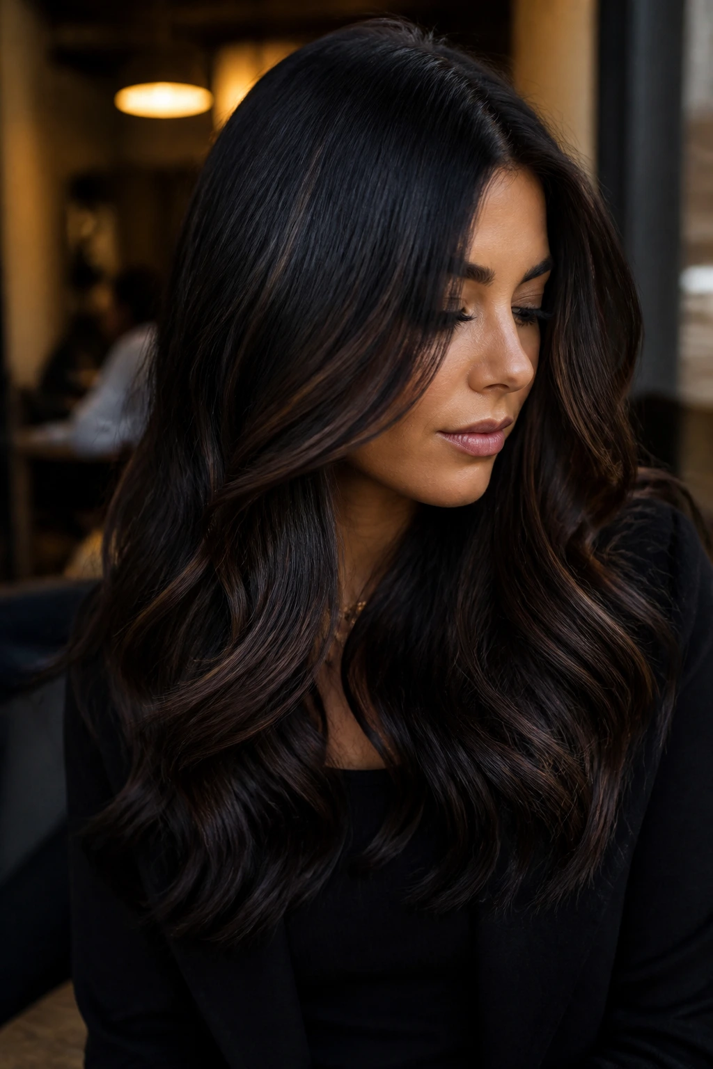Dark brunette hair with espresso lowlights under warm light