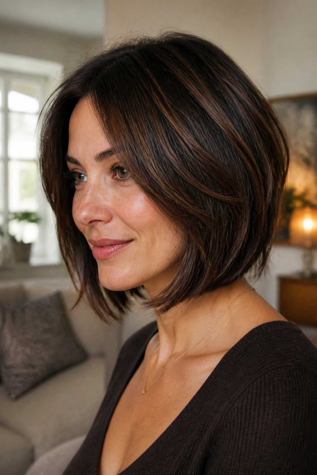 Close-up of brunette with espresso lowlights in a layered bob