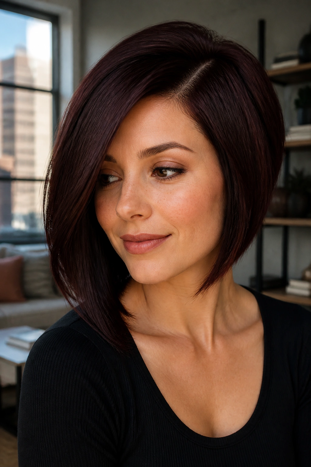 Close-up of an espresso mahogany bob with a deep side part on a real woman.