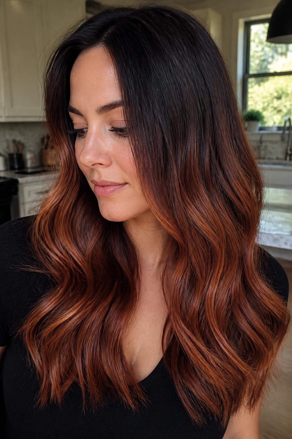 Brunette woman with espresso roots and mahogany copper melt in the hair