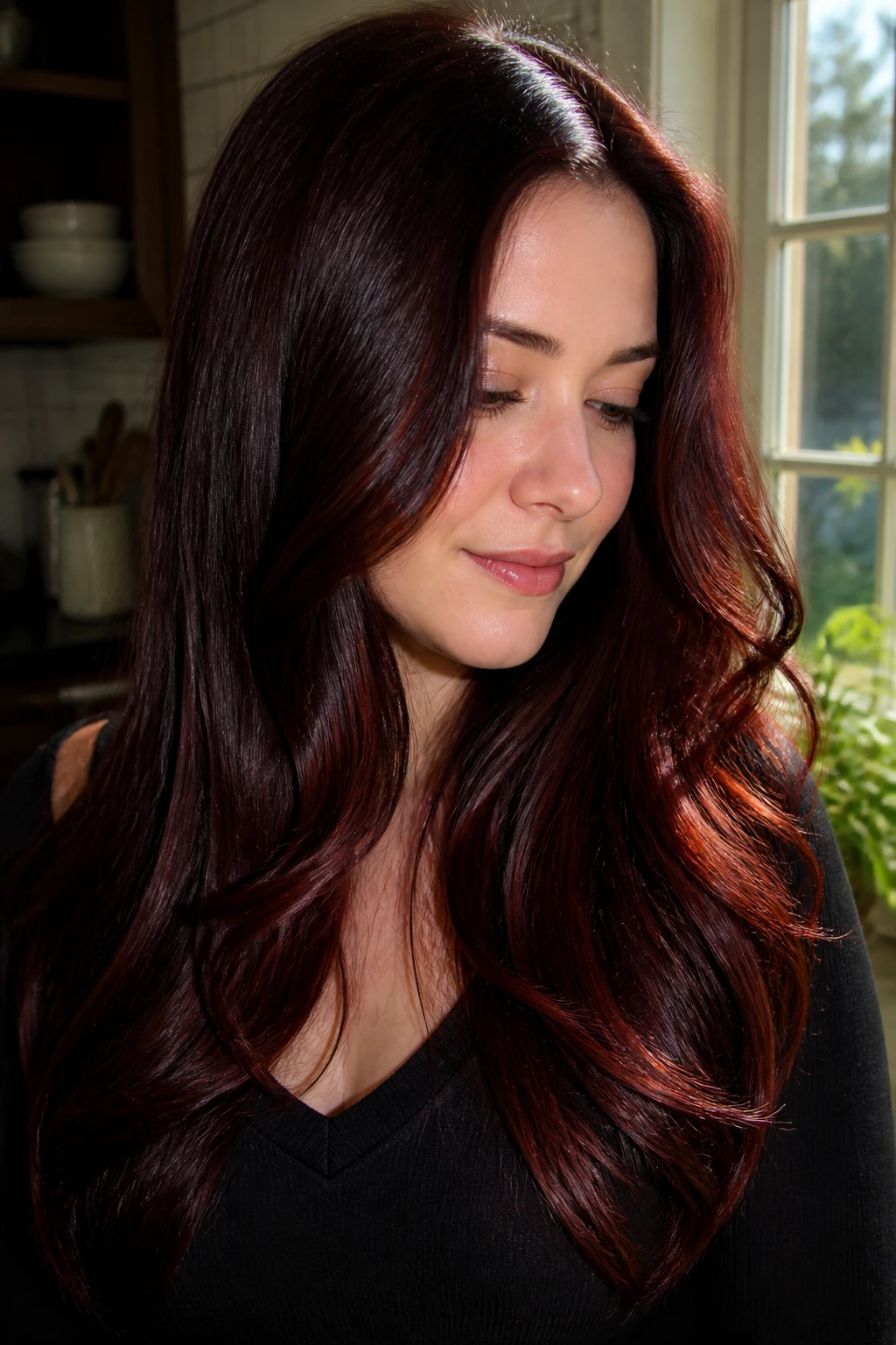 Portrait of a woman with espresso mahogany gloss hair in sunlit kitchen