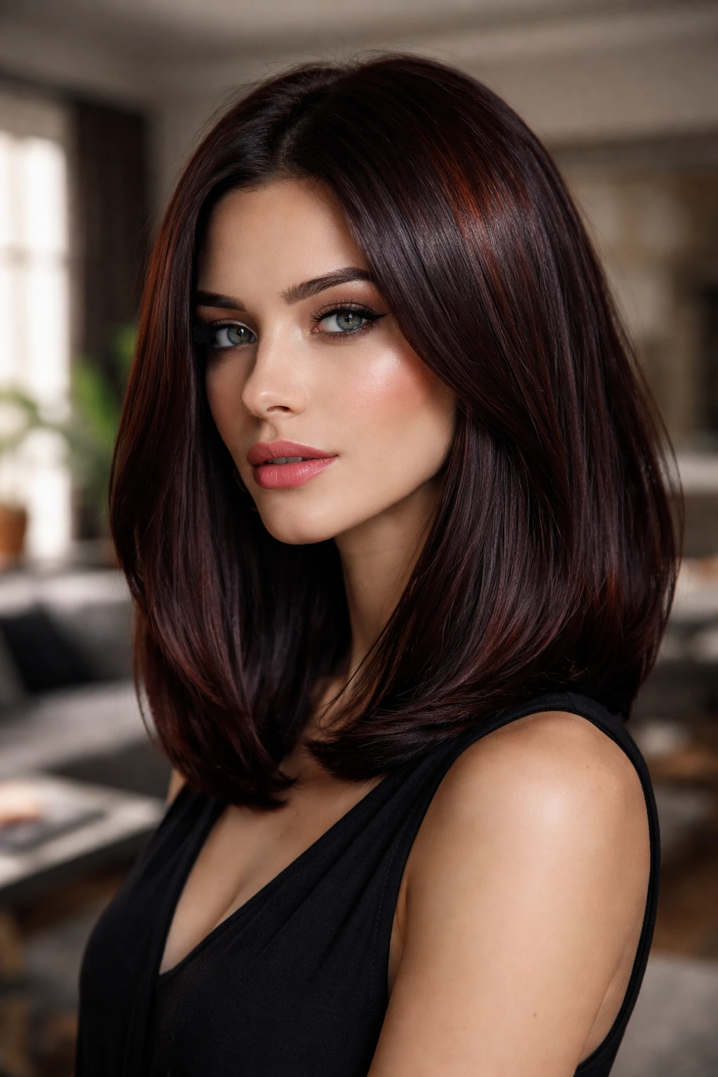 Close-up of a real person with espresso mahogany hair showing red highlights in light.