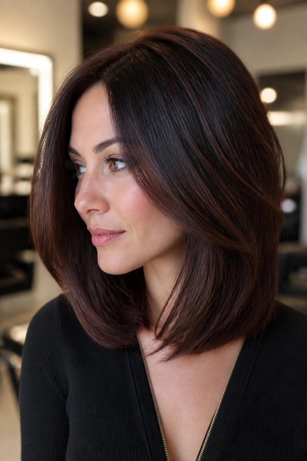 Real woman with espresso mahogany brown hair in a shoulder-length cut under salon lighting