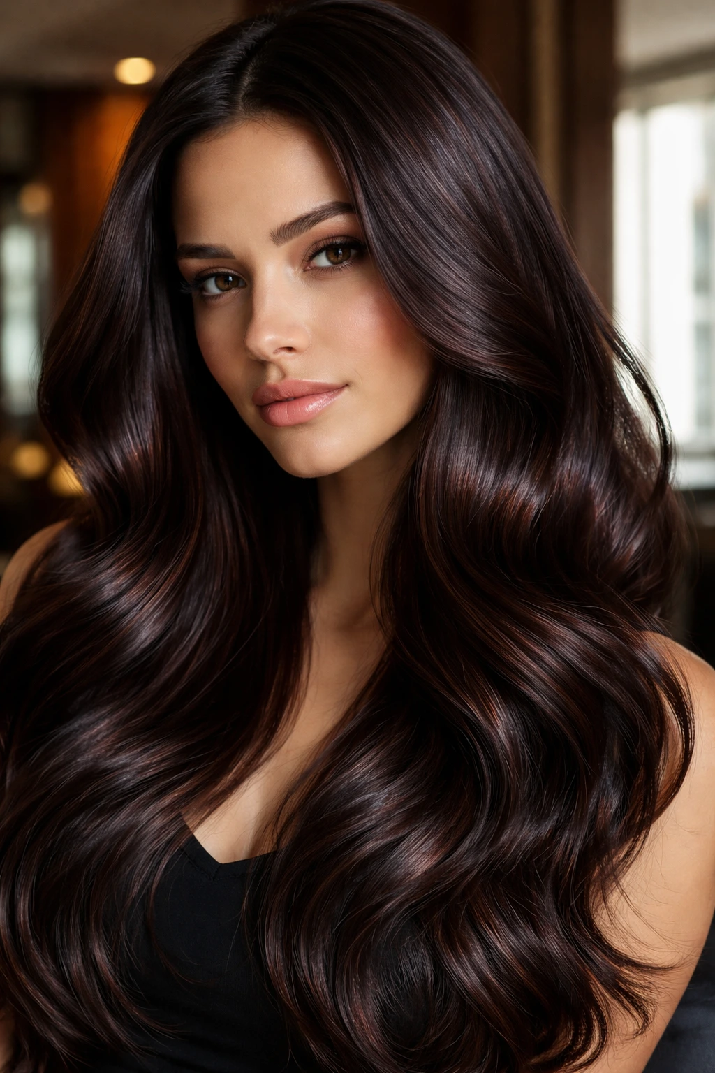 Close-up of a real woman with espresso mahogany hair filling the frame