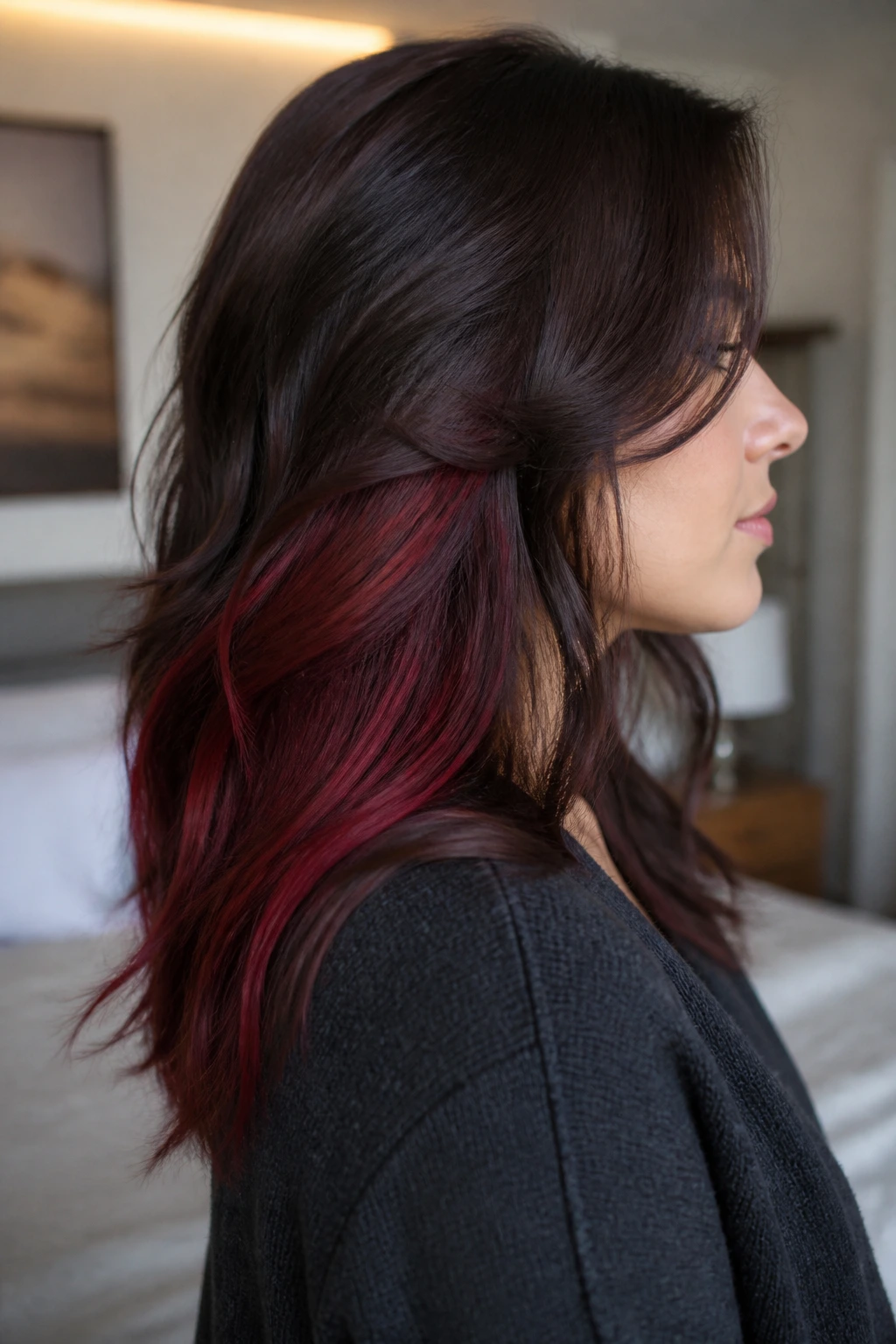 Side profile of a real person with espresso mahogany and peekaboo red panels