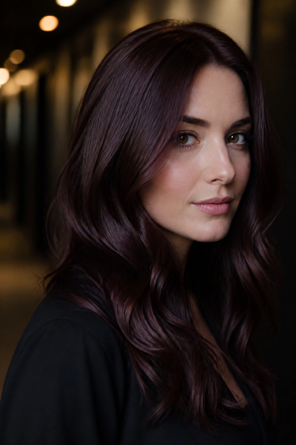 Close-up of a real woman with deep espresso mahogany hair on cool skin