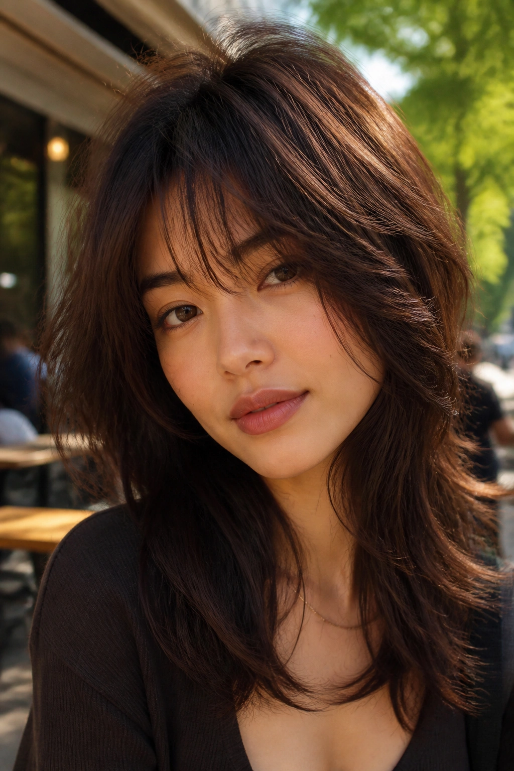 Close-up portrait of a woman with espresso mahogany shag and airy layers