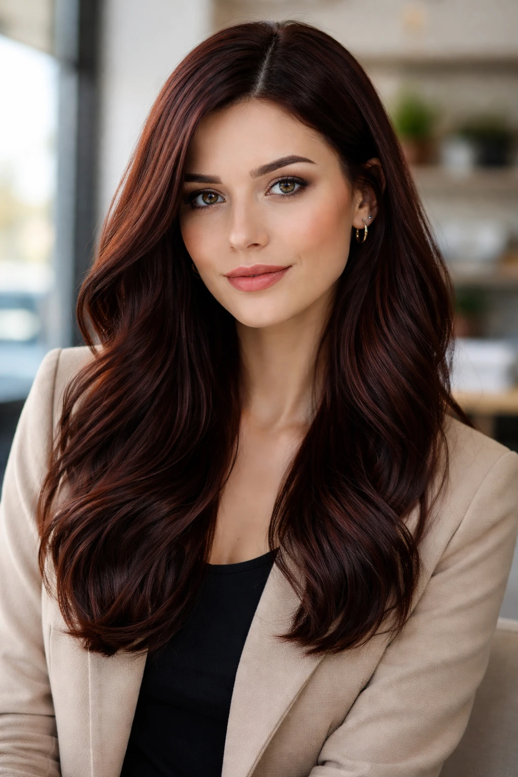 Close-up of a real woman with deep espresso mahogany hair catching sunlight
