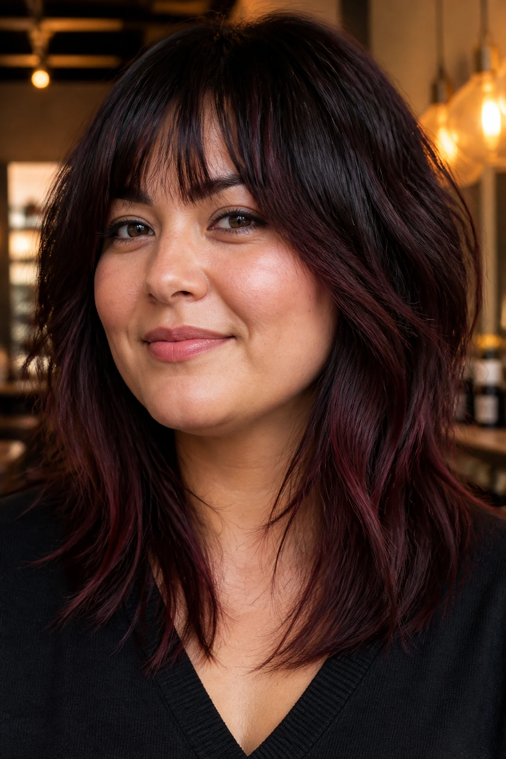Close-up of a real woman's hair with deep espresso base and maroon accents peeking through.