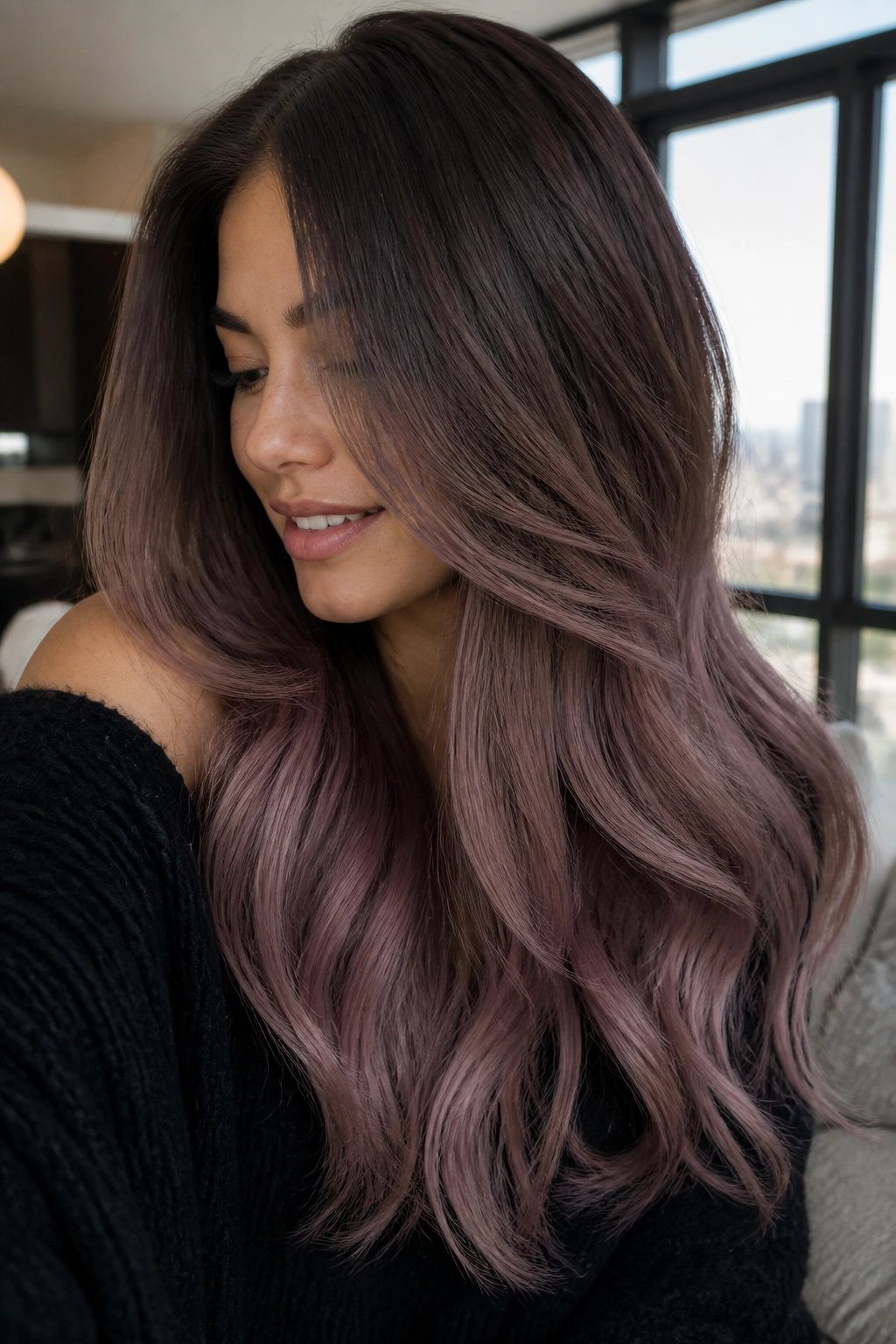 Espresso brown to smoky mauve ombre on long hair
