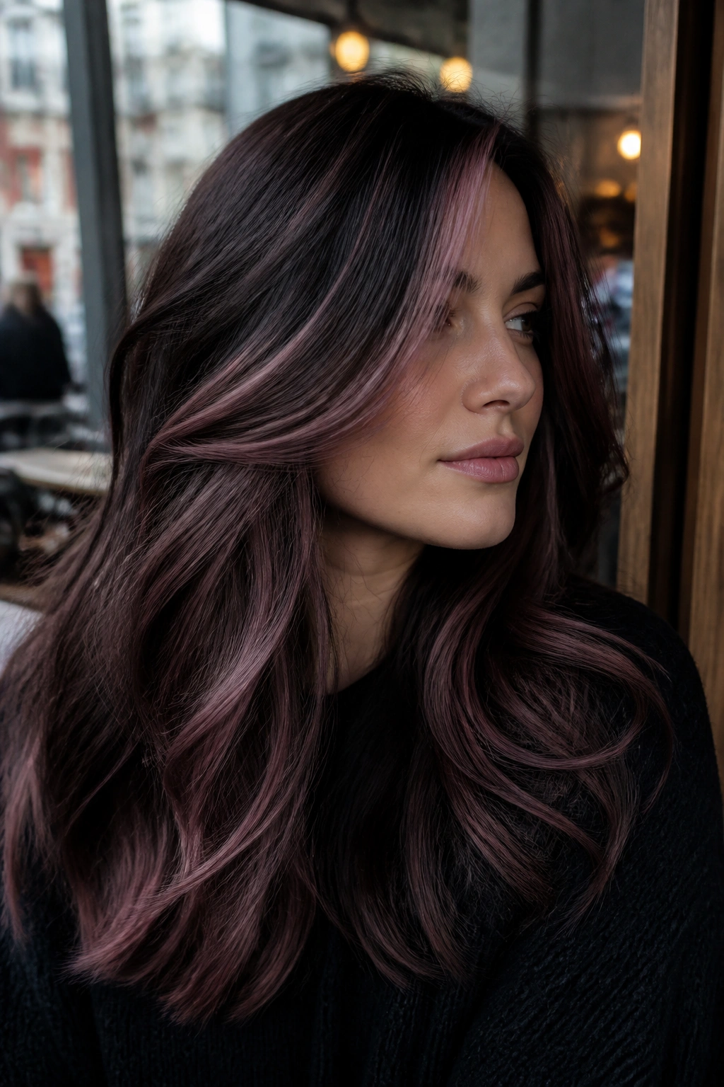 Close-up of a real woman with espresso hair and mauve ribbons around the face
