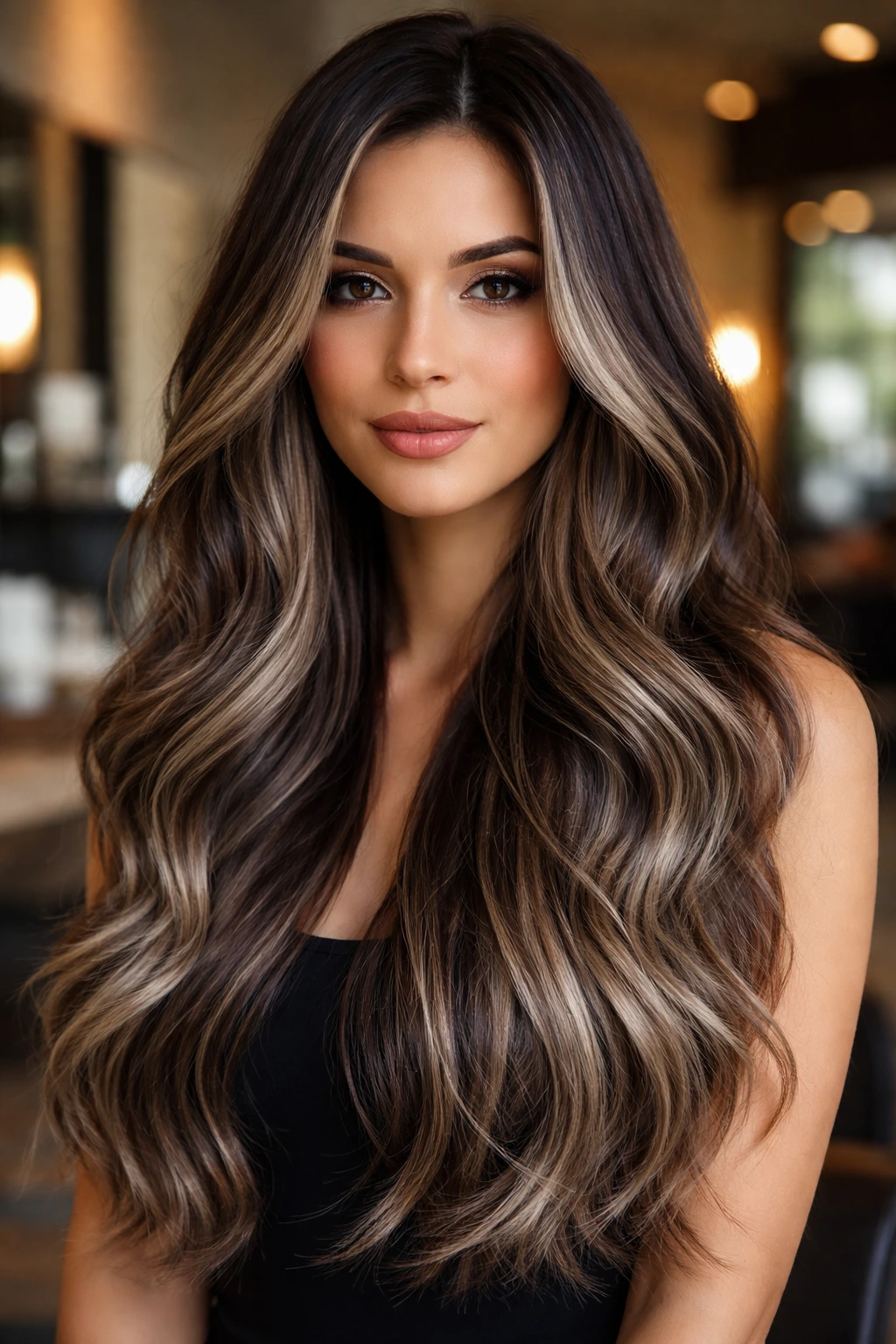 Close-up portrait of a real woman with espresso brown roots fading to ash brown and silver ends.