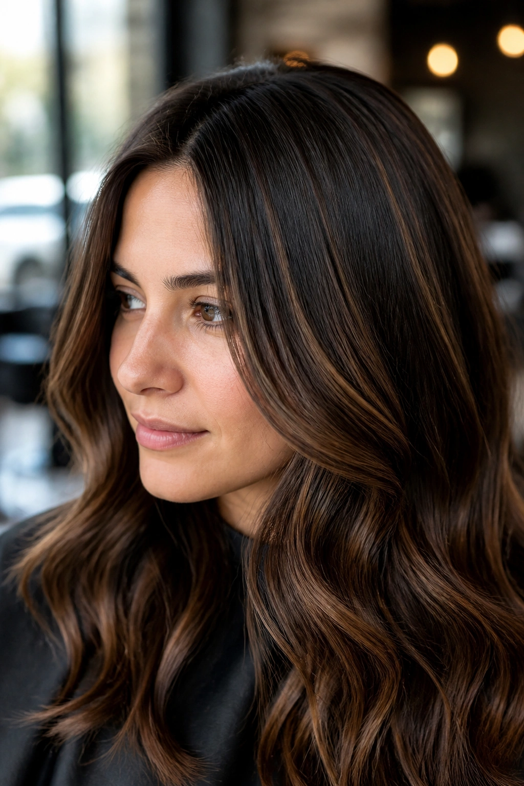 Close-up of dark brown hair with subtle espresso and cocoa micro-highlights on a real person.