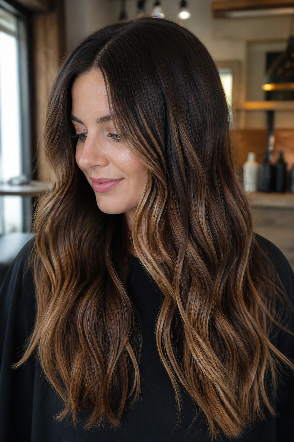 Close-up of a real woman's long hair showing espresso roots fading to milk chocolate ends
