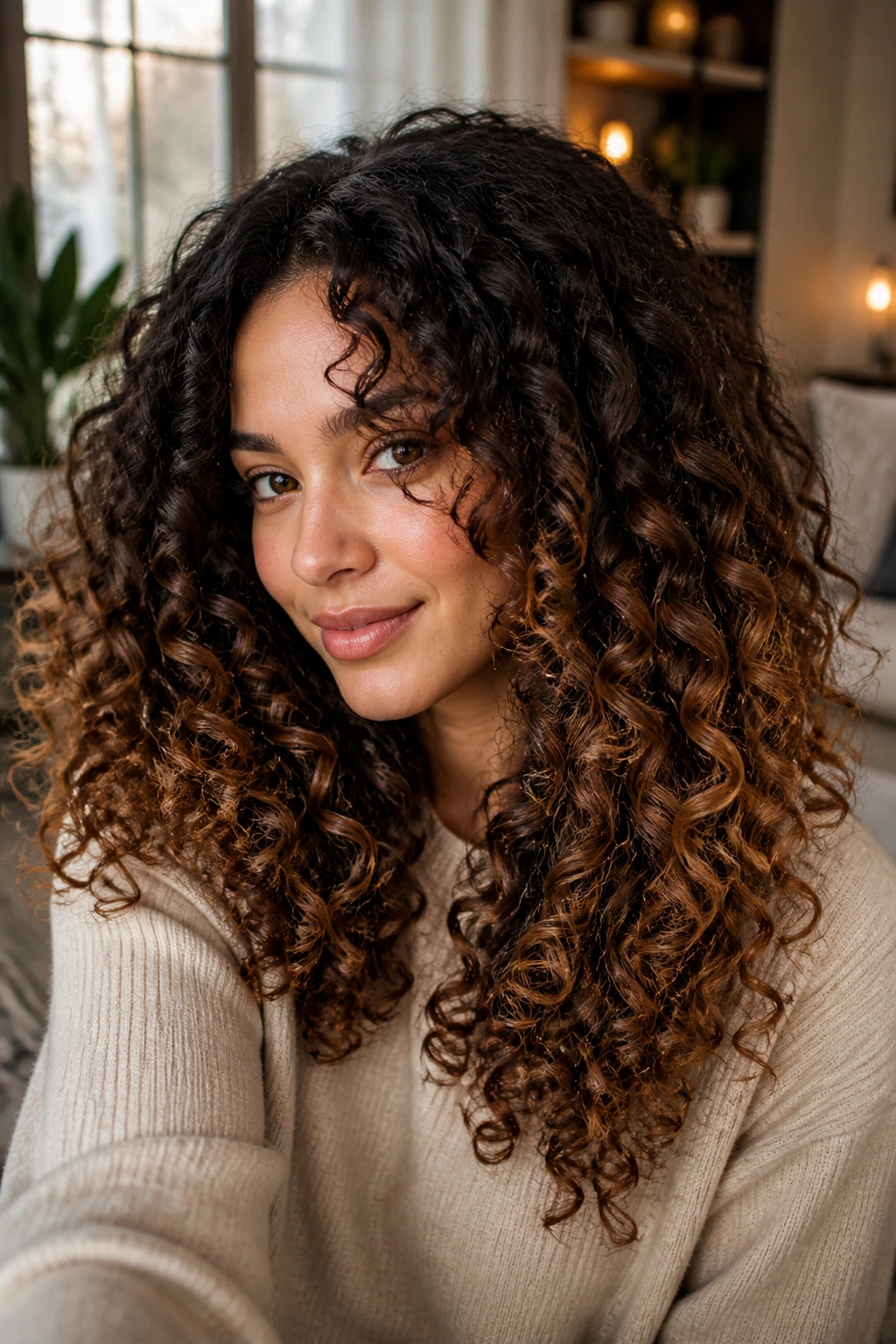 Close-up of real woman with espresso to milk chocolate ombre on curly hair