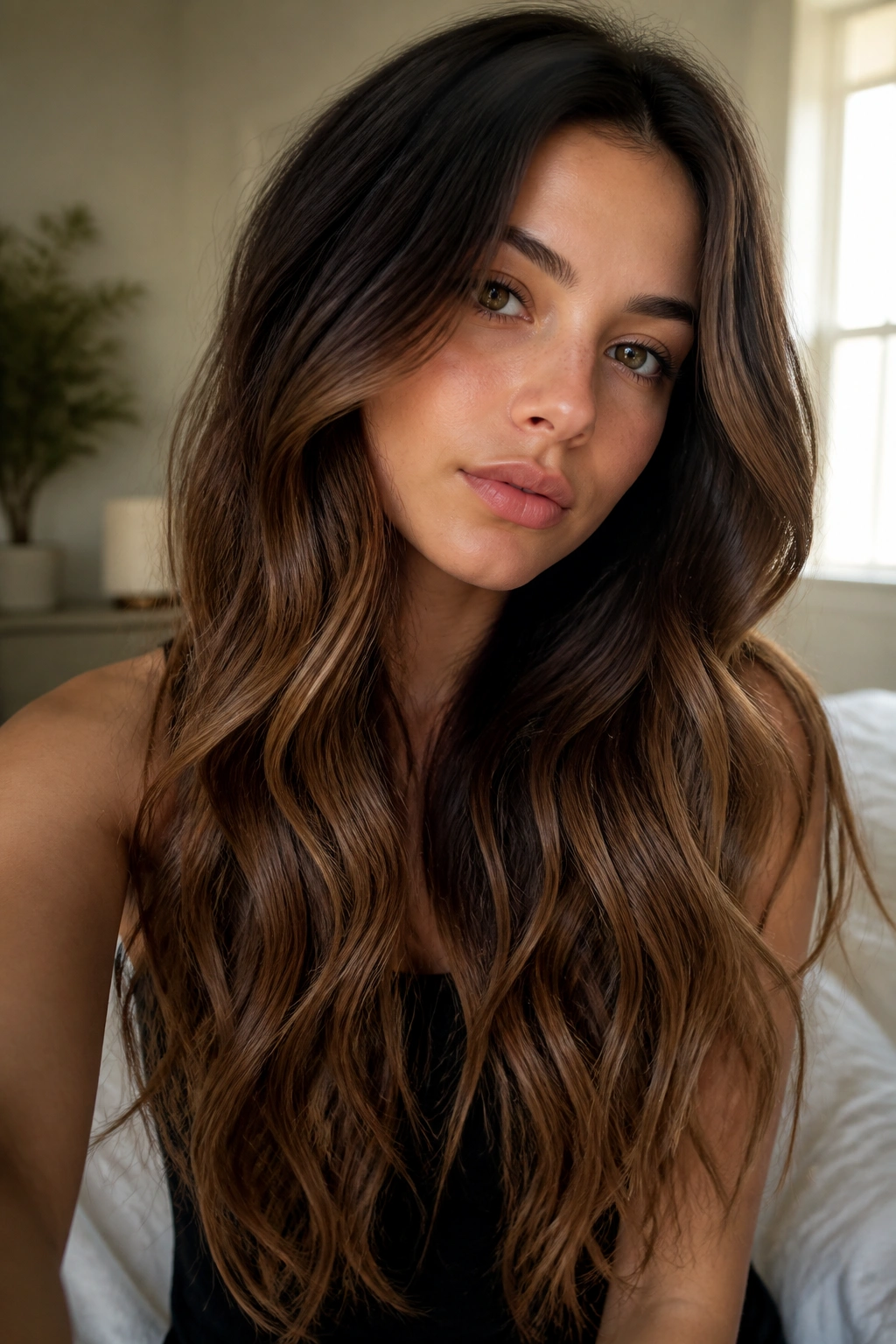Close-up of a real woman's long hair with espresso roots fading to milk-chocolate ends, soft waves in natural light.