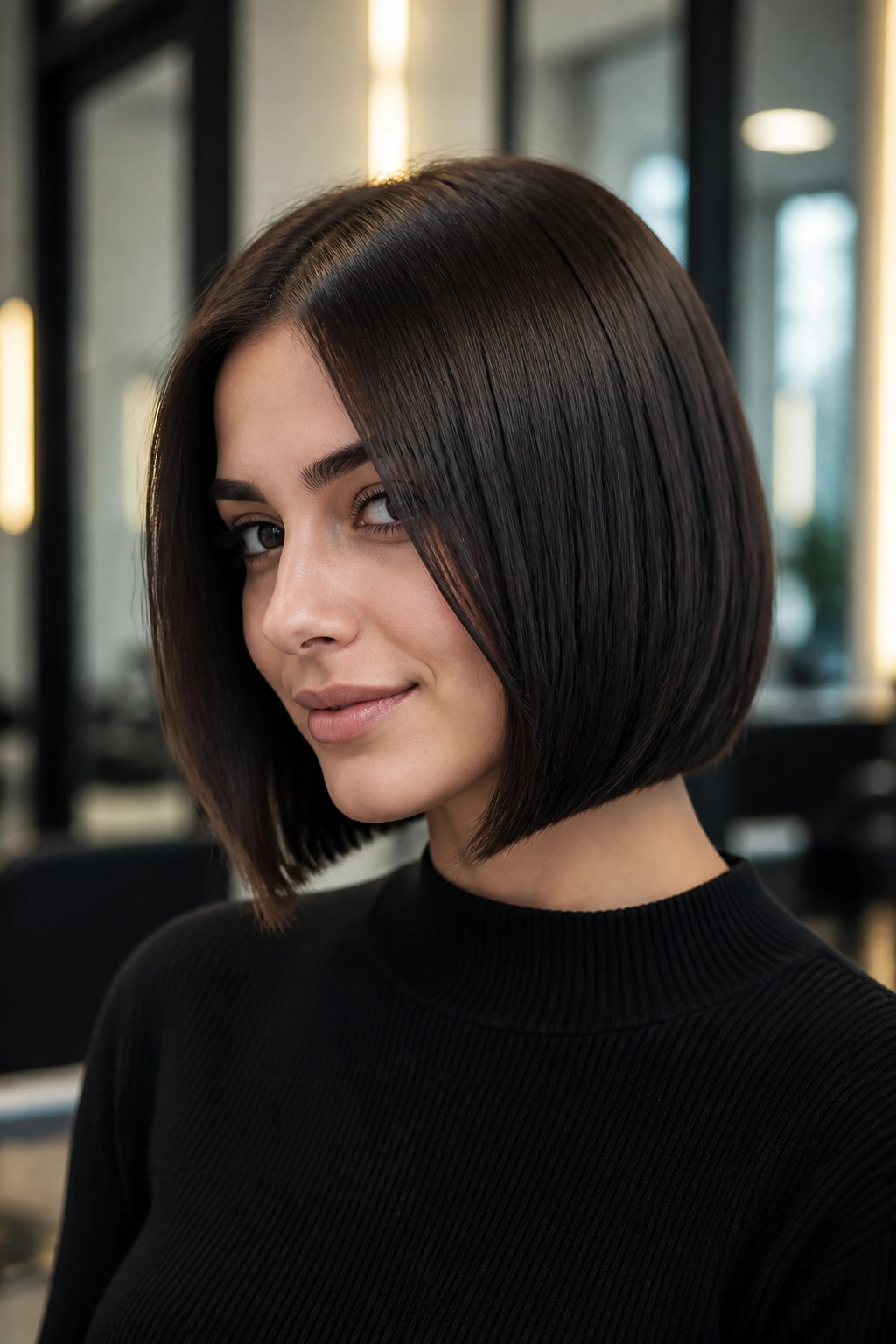 Close-up of a real woman with an espresso mocha bob and sleek shine