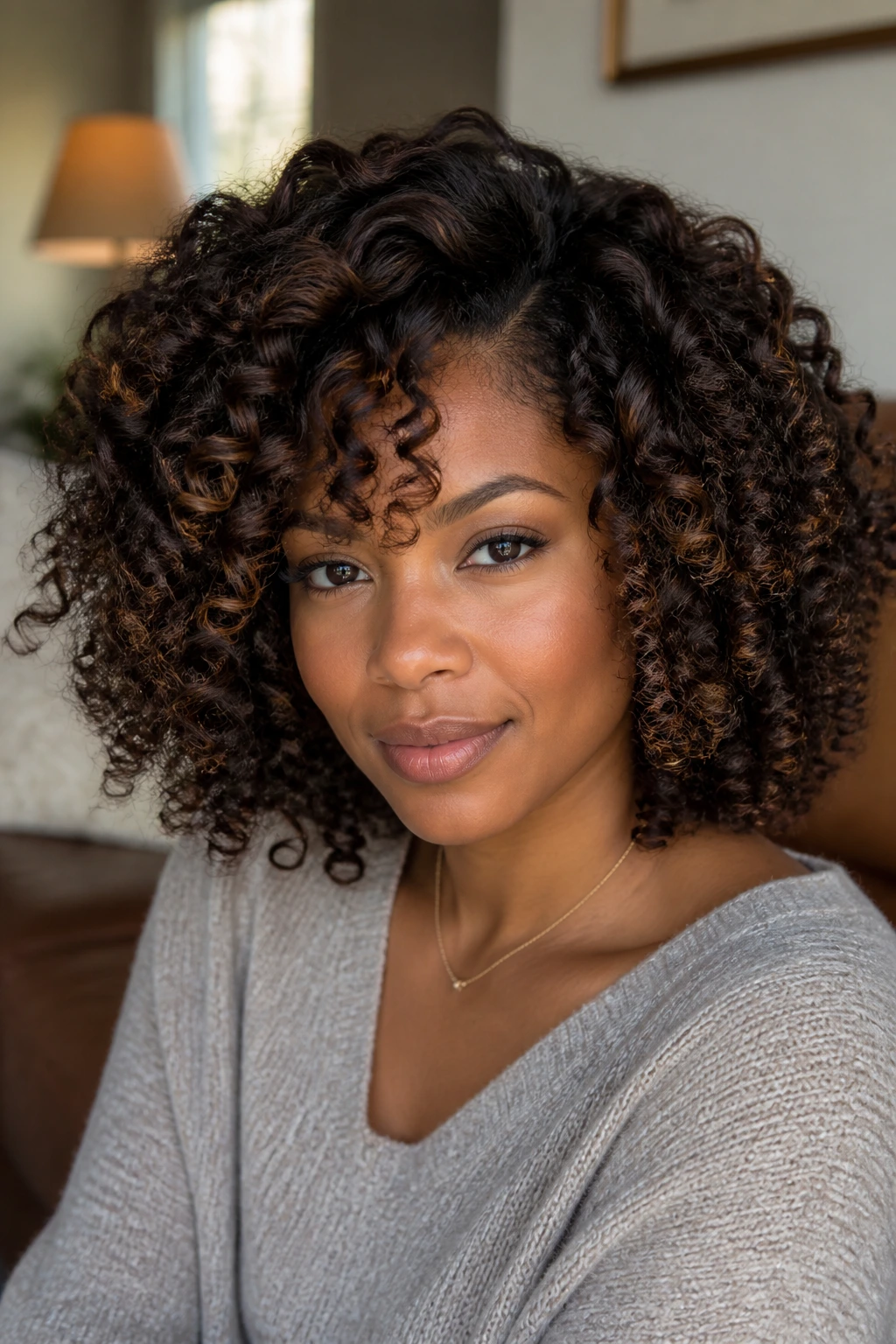 Close-up of a real person with espresso base hair and mocha lowlights, showing depth in curls.