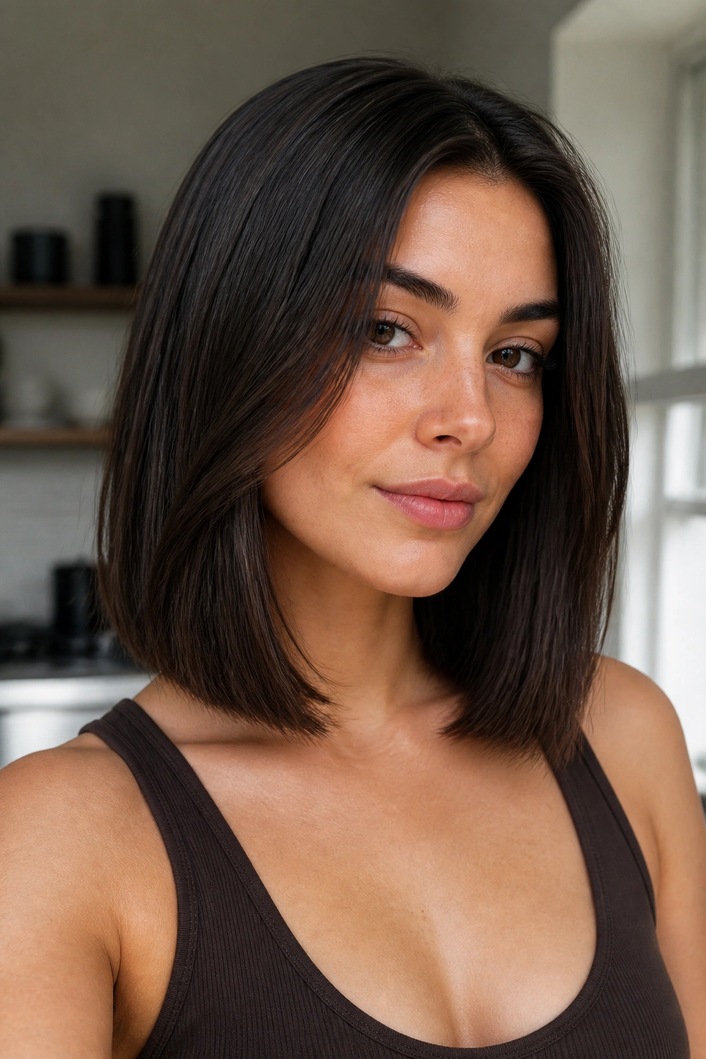 Close-up of a real woman with espresso mocha hair and micro highlights at the hairline.