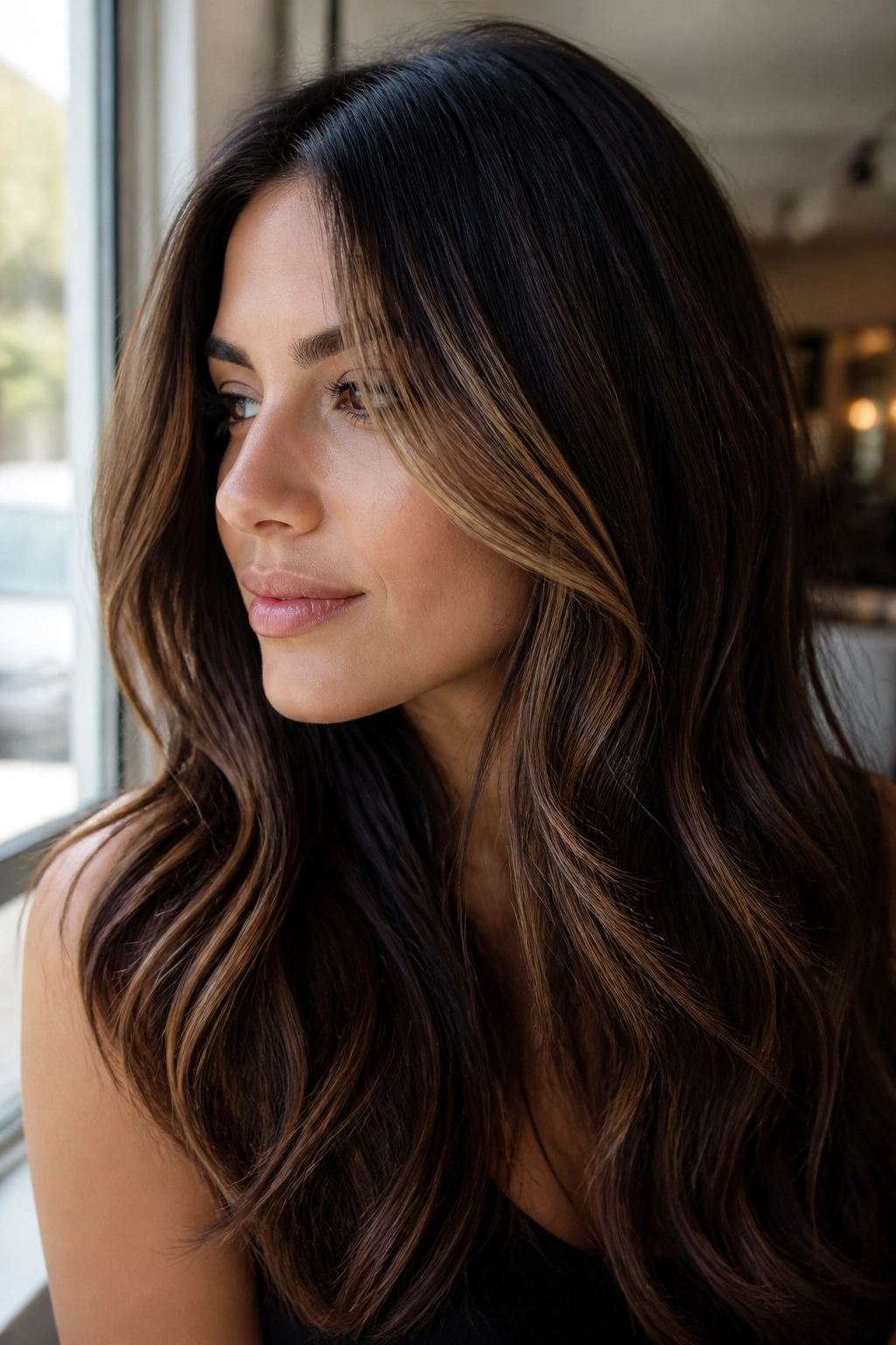 Close-up portrait of a real woman with espresso to mocha money piece highlights on brown hair