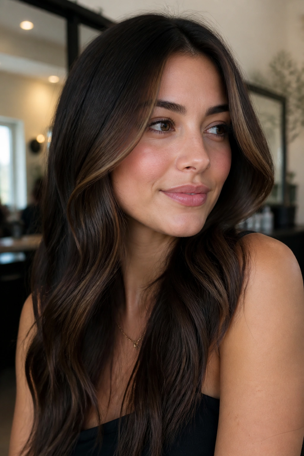 Close-up portrait of brunette with espresso-toned front money piece framing the face