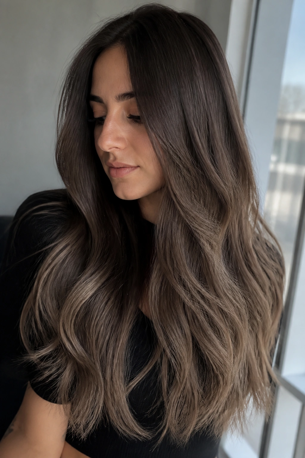 Close-up of long hair from espresso to mushroom brown on a real person