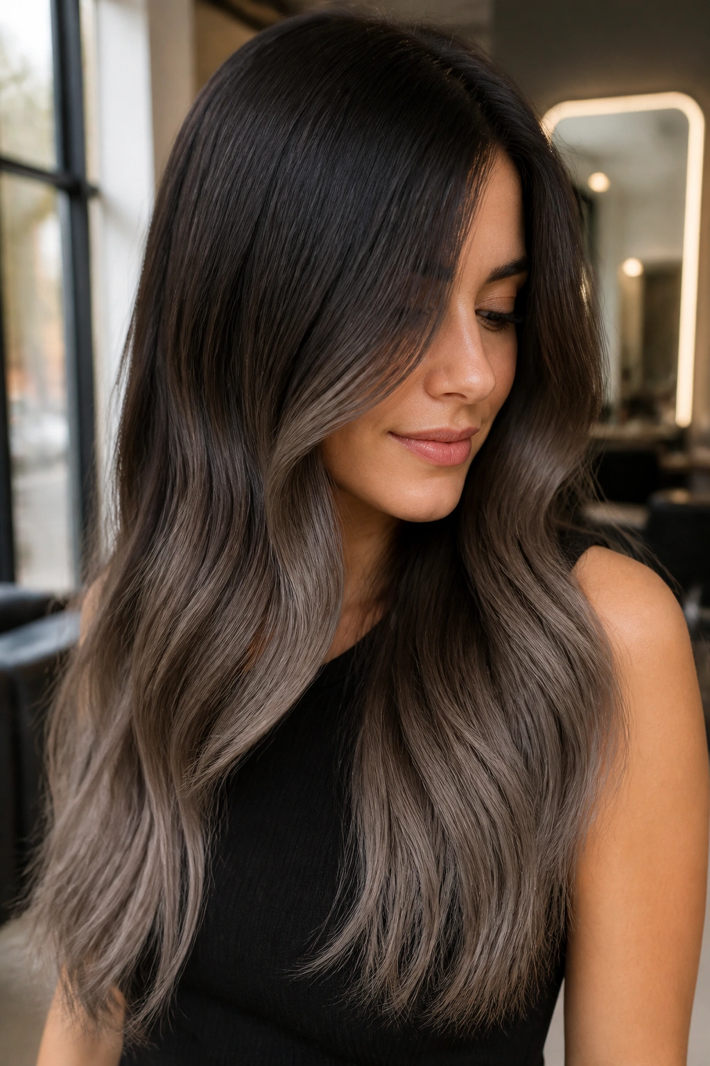 Close up portrait of a real woman with espresso to mushroom gray melt in long hair