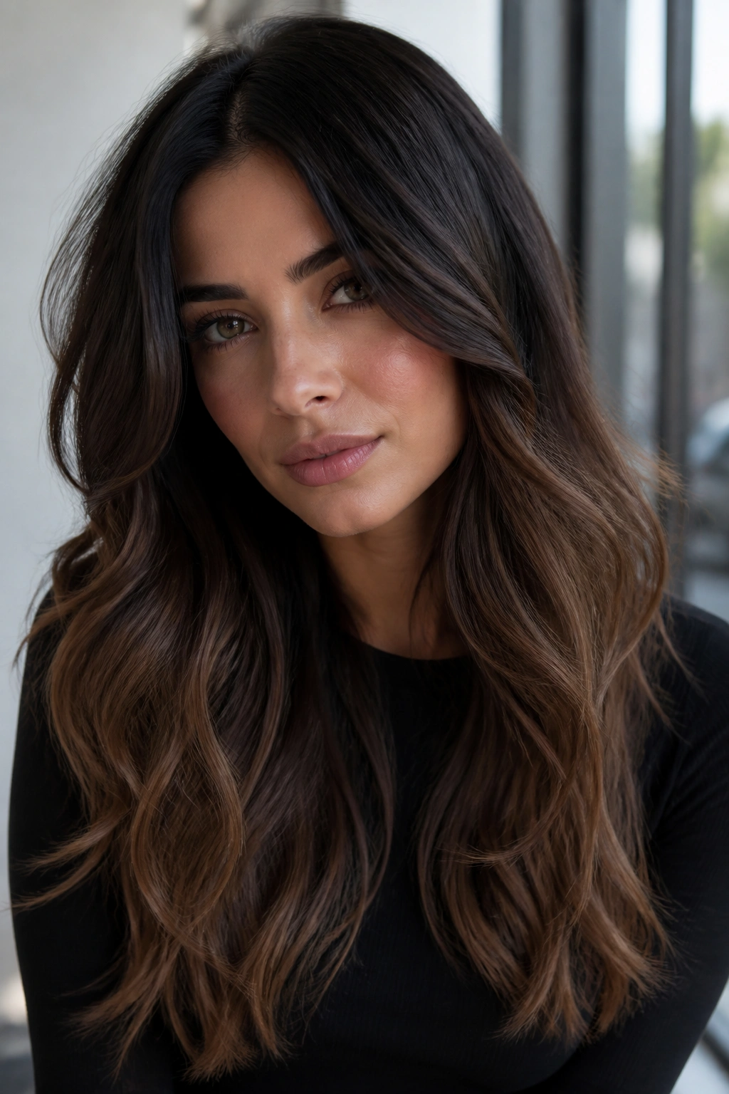 Portrait of espresso-to-cocoa ombré on medium-length hair in natural light.