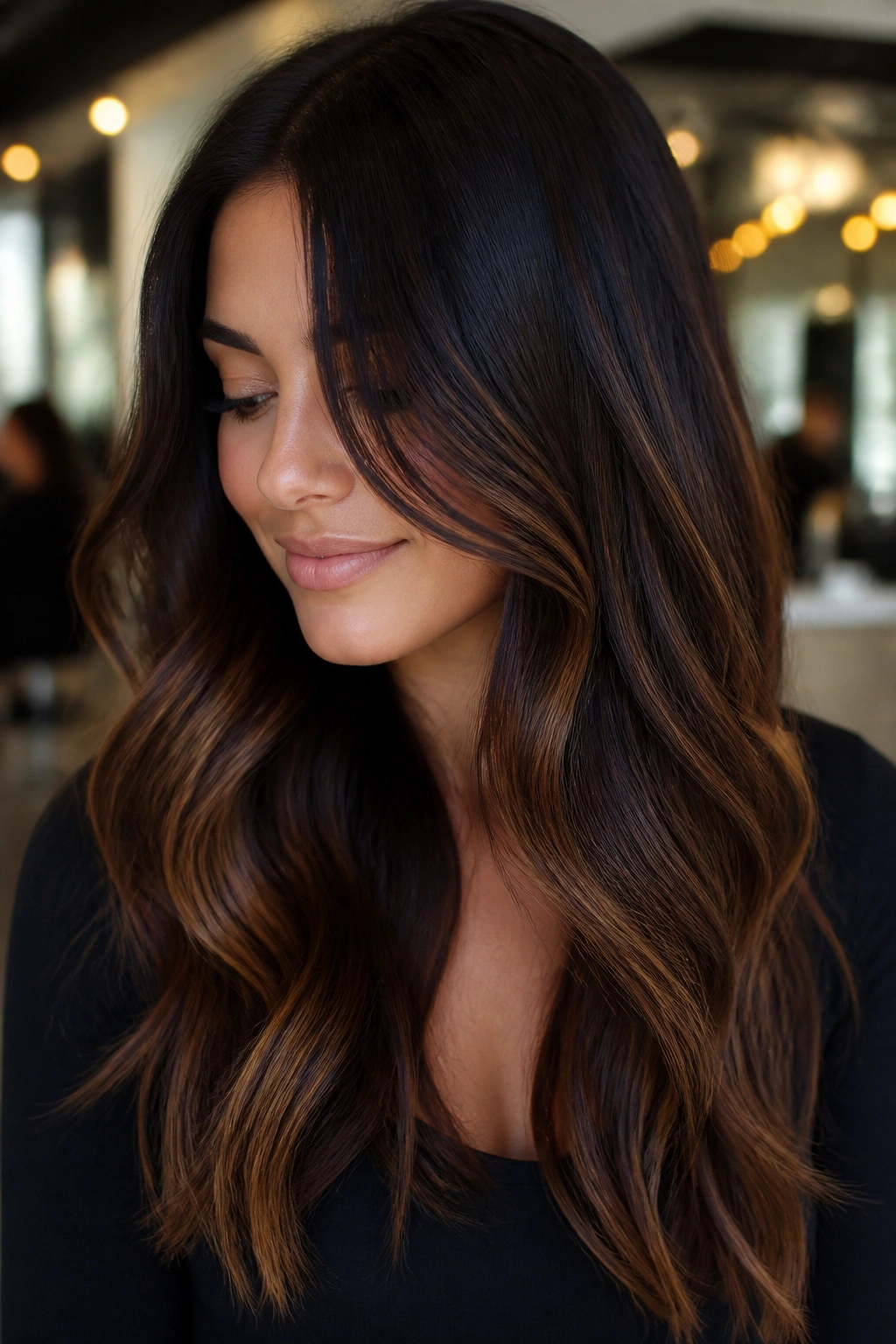 Close-up of a real woman with espresso ombré hair showing a dark root gradient to caramel.