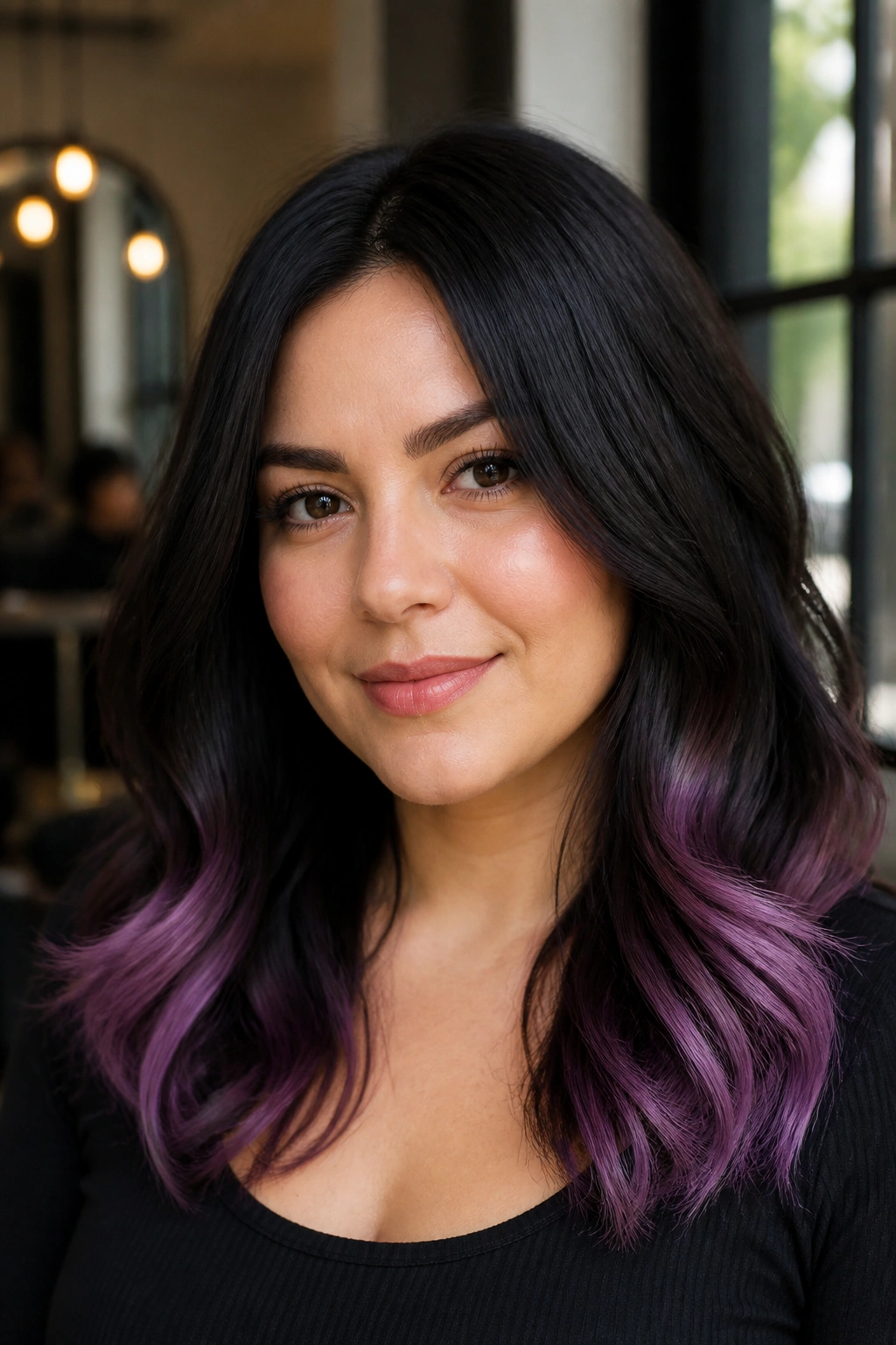 Close-up portrait of a real woman with espresso-black hair and orchid tips in a sunlit salon