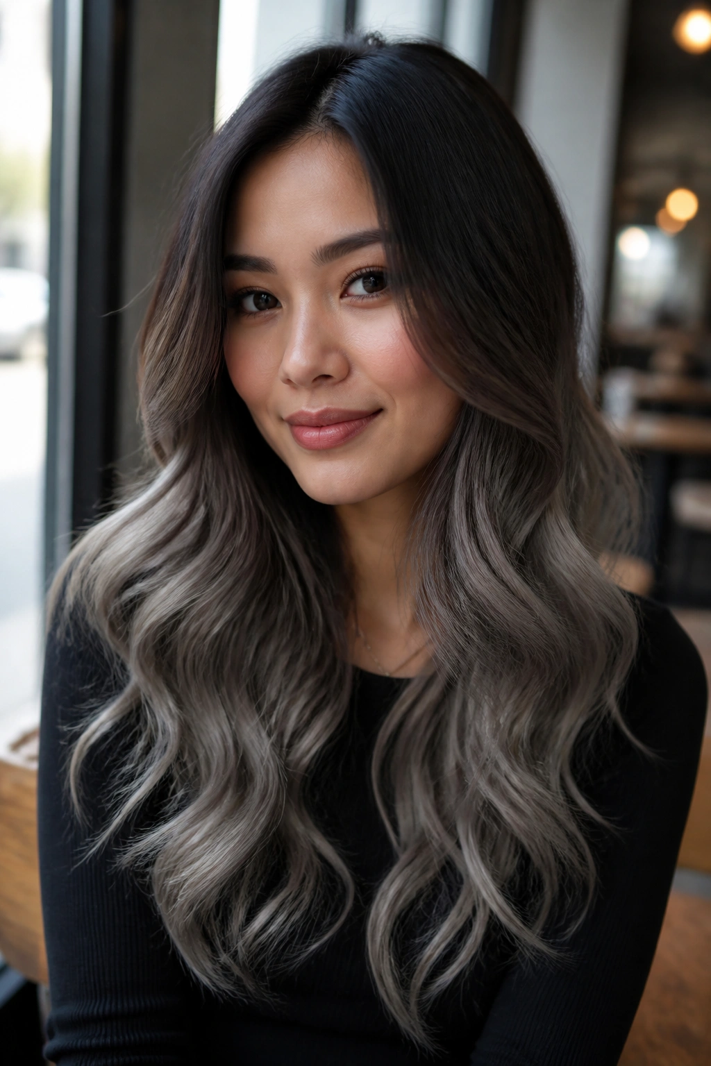 Close-up of brunette hair with cool espresso to pewter fade in loose waves