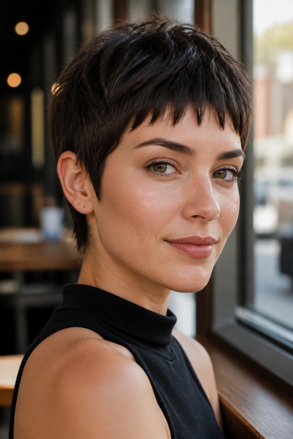 Close-up portrait of a real woman with Espresso Pixie With Baby Bangs and small bangs.