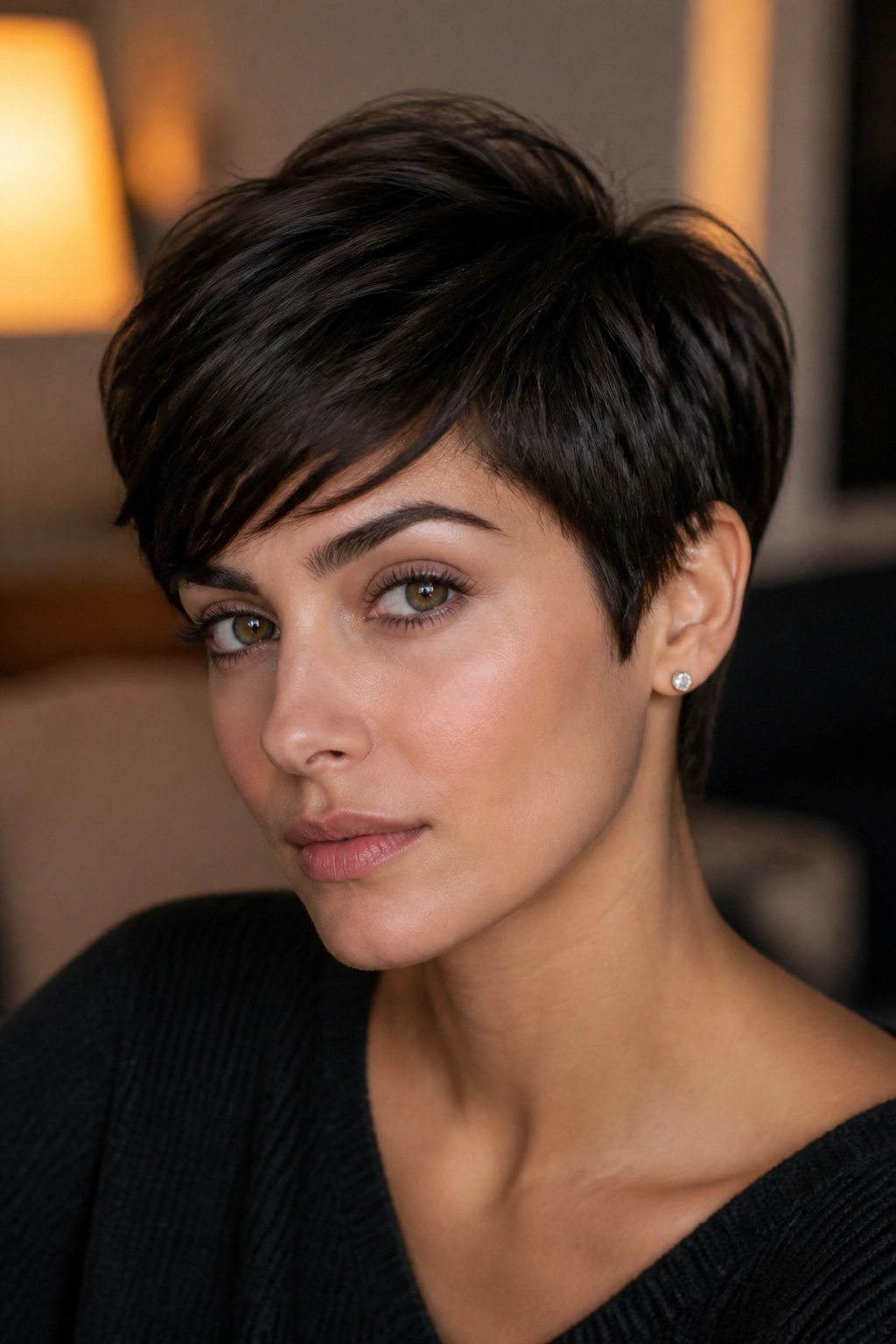 Close-up portrait of a real person with a deep espresso pixie cut and textured top.